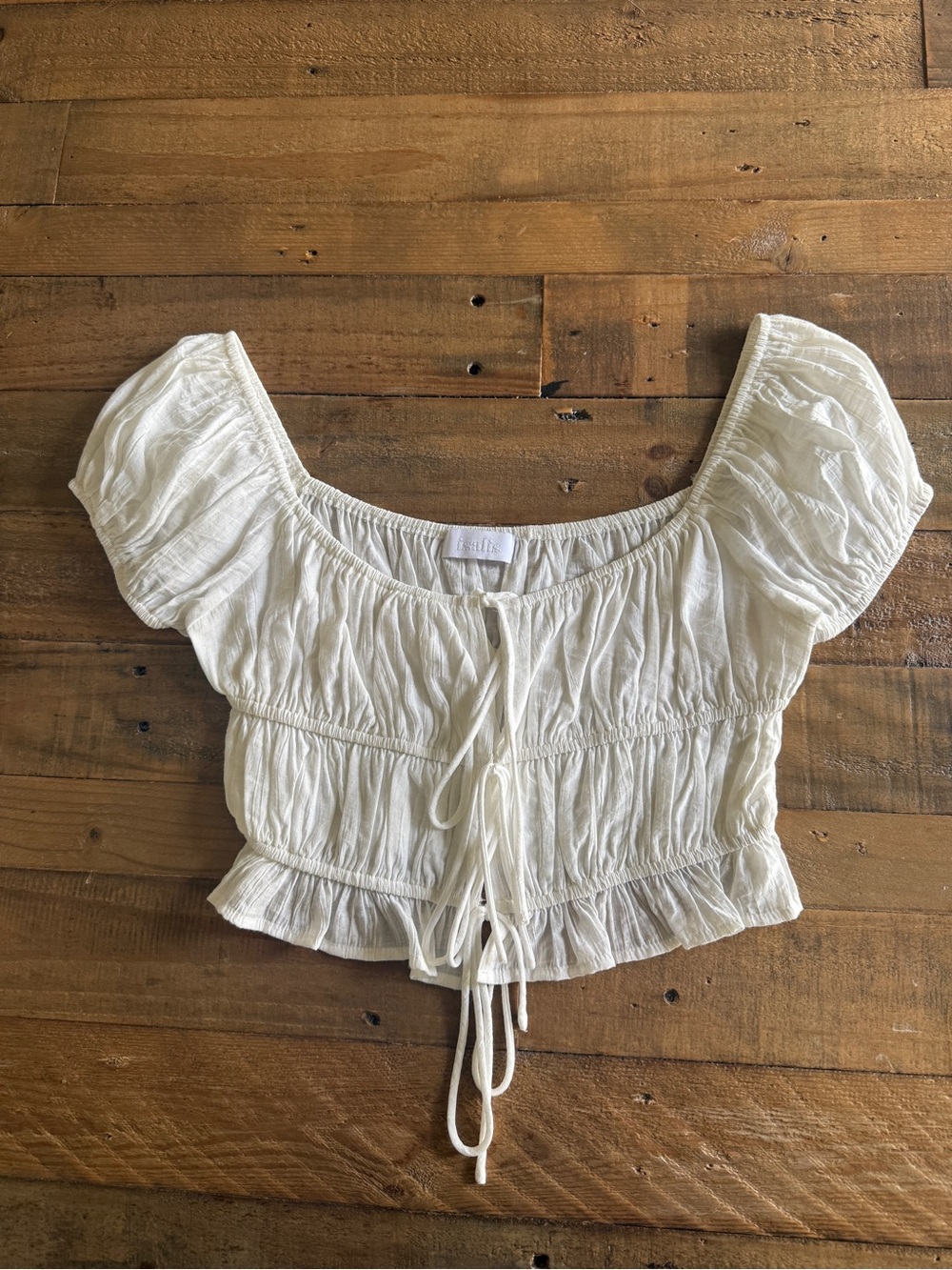NWOT Doen Inspired Smocked Puff-Sleeve Tie-Front Crop Top - White